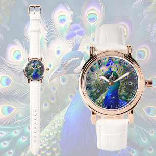 Gorgeous peacock with teal and gold plumage watch