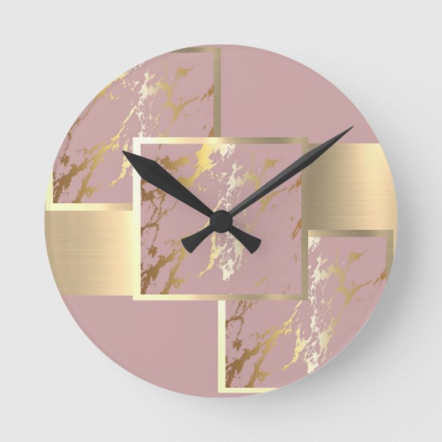 Gorgeous Pink and Gold Marble Design Round Clock (Front)