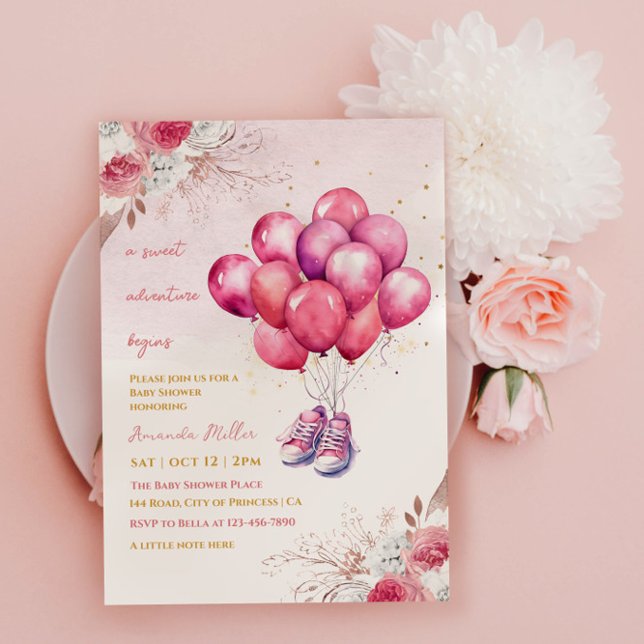 Gorgeous Pink Balloon Baby Girl Shower Invitation (Creator Uploaded)