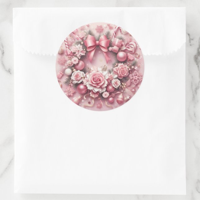 Gorgeous Pink Christmas Wreath Floral Ribbons Classic Round Sticker (Bag)