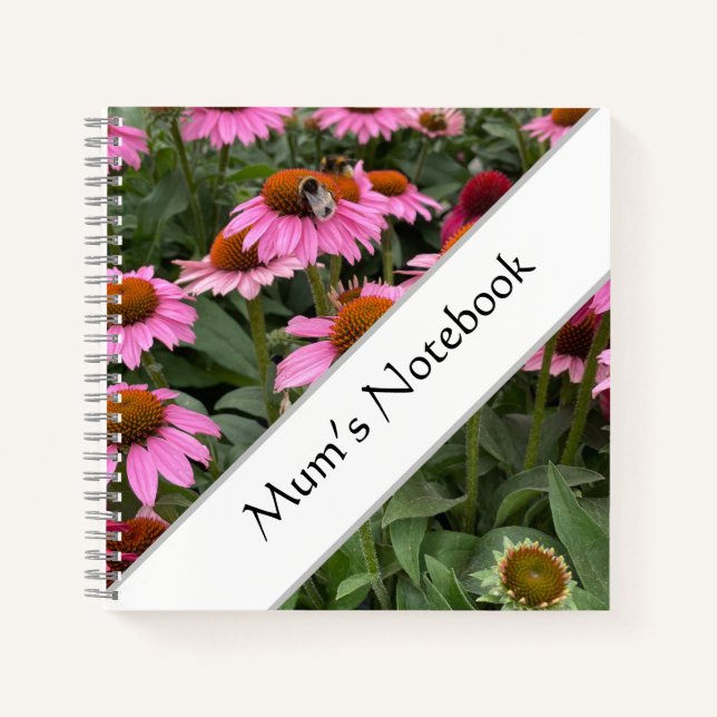Gorgeous Pink Echinacea Flowers and Bee Editable  Notebook (Front)