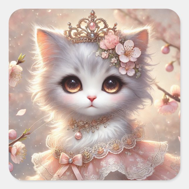Gorgeous Pink Flower Princess Cat Square Sticker (Front)