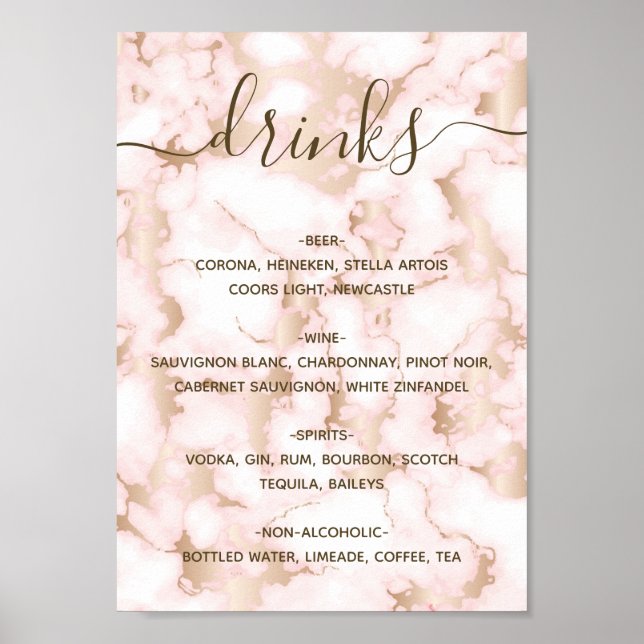 Gorgeous Pink Marble Drinks Menú Poster (Front)