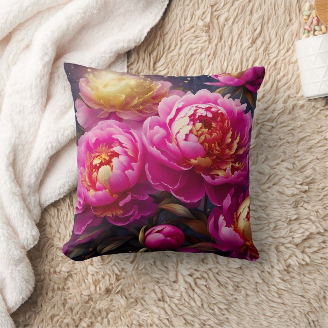 Gorgeous pink peonies with golden accents  cushion (Blanket)