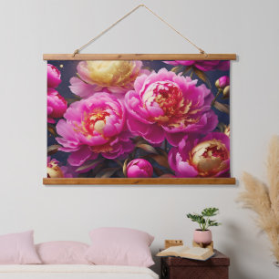 Gorgeous pink peonies with golden accents hanging tapestry