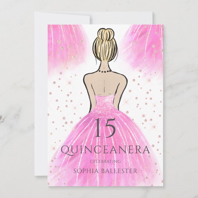 Gorgeous Pink Princess Dress Quinceanera Party Invitation (Front)