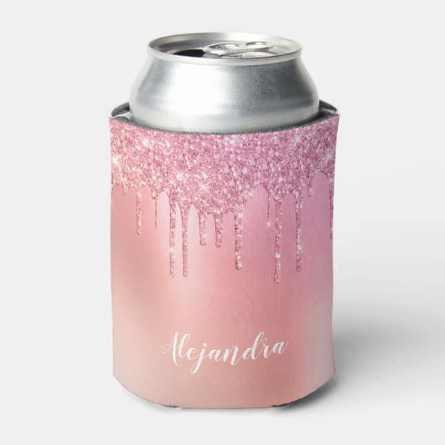 Gorgeous pink rose gold & copper glitter drips can cooler (Can Front)