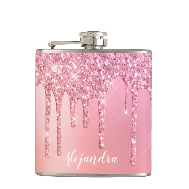 Gorgeous pink rose gold & copper glitter drips hip flask (Front)