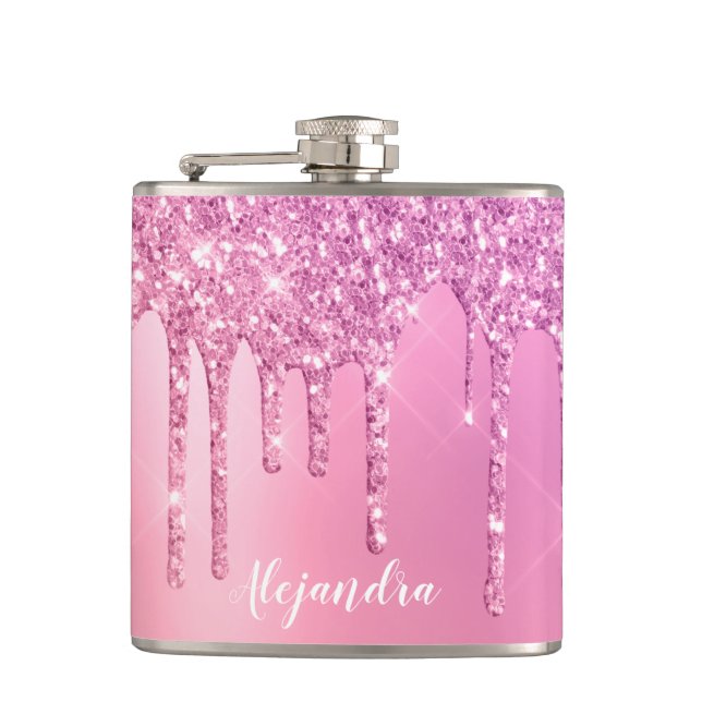 Gorgeous pink rose gold & purple glitter drips hip flask (Front)