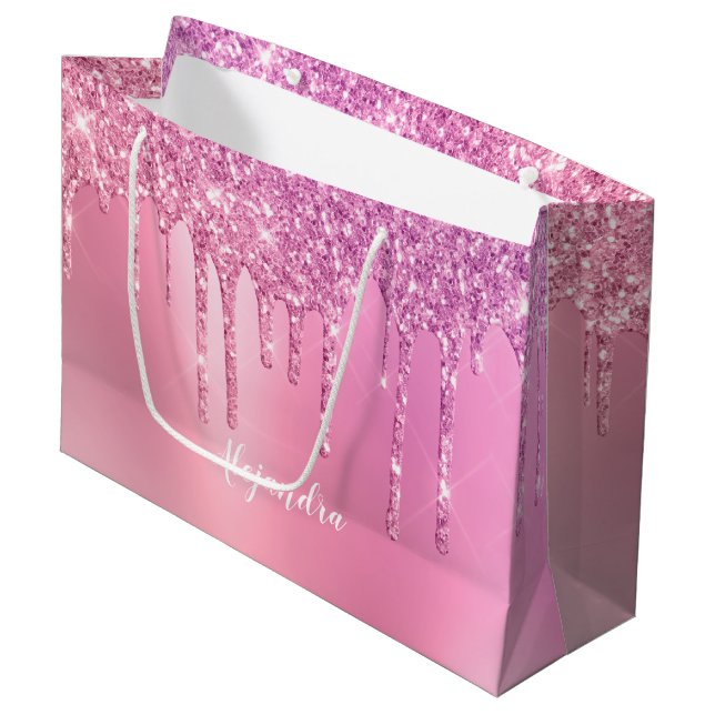 Gorgeous pink rose gold & purple glitter drips large gift bag (Front Angled)