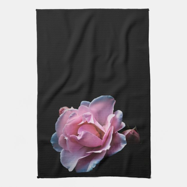 Gorgeous Pink Rose on Black. Tea Towel (Vertical)