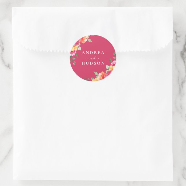 Gorgeous Pink Watercolor Flowers Wedding Classic Round Sticker (Bag)