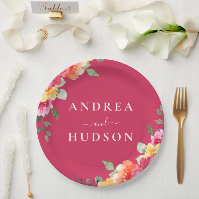 Gorgeous Pink Watercolor Flowers Wedding Paper Plate (Wedding)