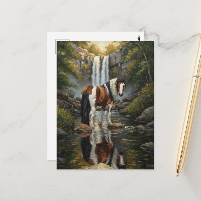 Gorgeous Pinto Horse at the Waterfall Postcard (Front/Back In Situ)