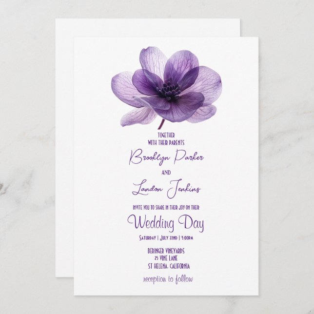 Gorgeous Purple Flower Wedding Invitation (Front/Back)