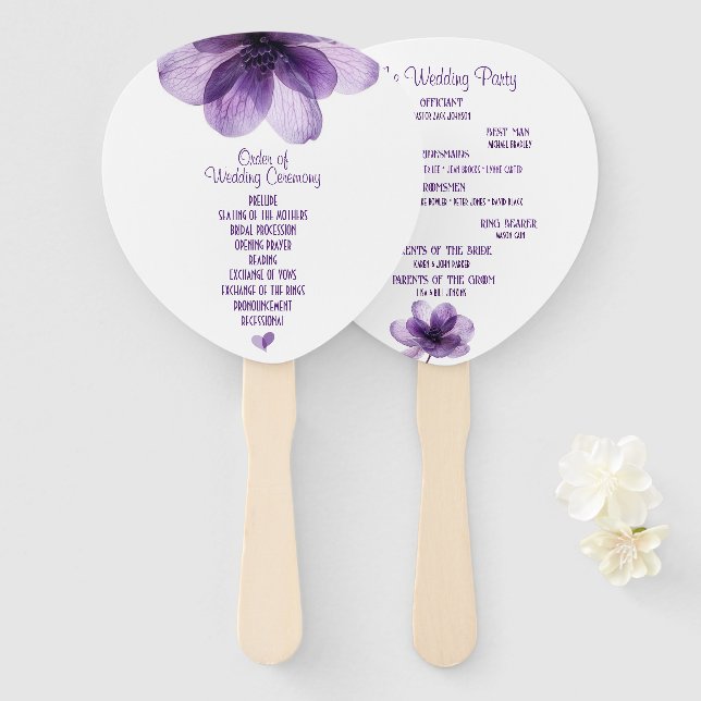Gorgeous Purple Flower Wedding Program Hand Fan (Front and Back)