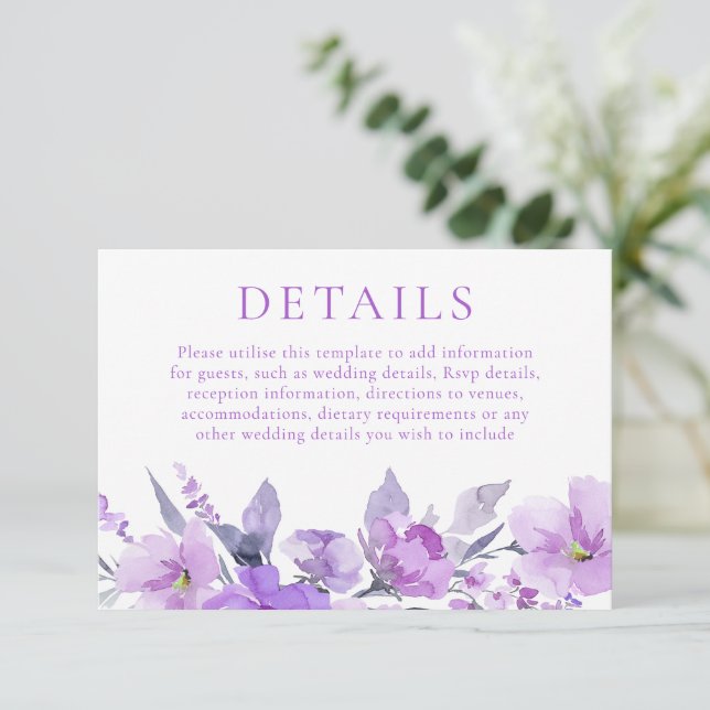 Gorgeous Purple Lavender Floral Wedding Details Enclosure Card (Standing Front)