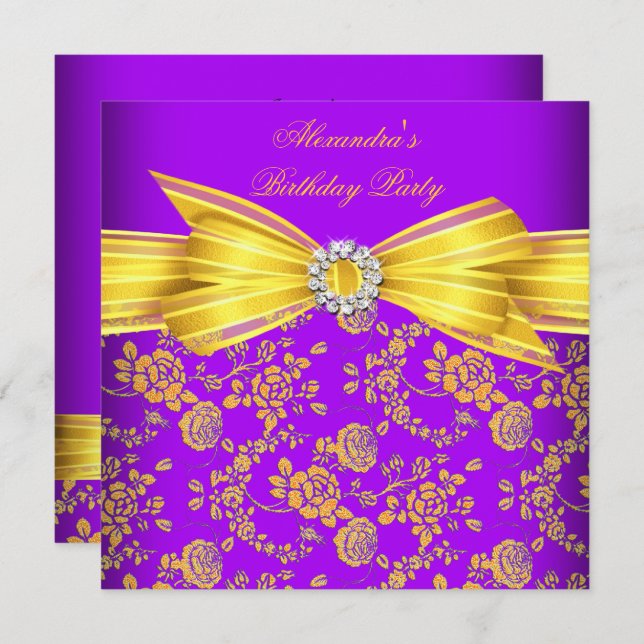 Gorgeous Purple Yellow Rose Damask Birthday Party Invitation (Front/Back)