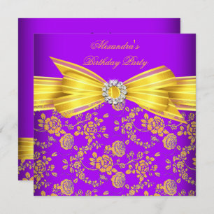 Gorgeous Purple Yellow Rose Damask Birthday Party Invitation