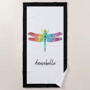 Gorgeous Rainbow Watercolor Dragonfly Personalised Beach Towel