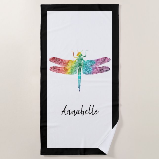 Gorgeous Rainbow Watercolor Dragonfly Personalised Beach Towel (Front)