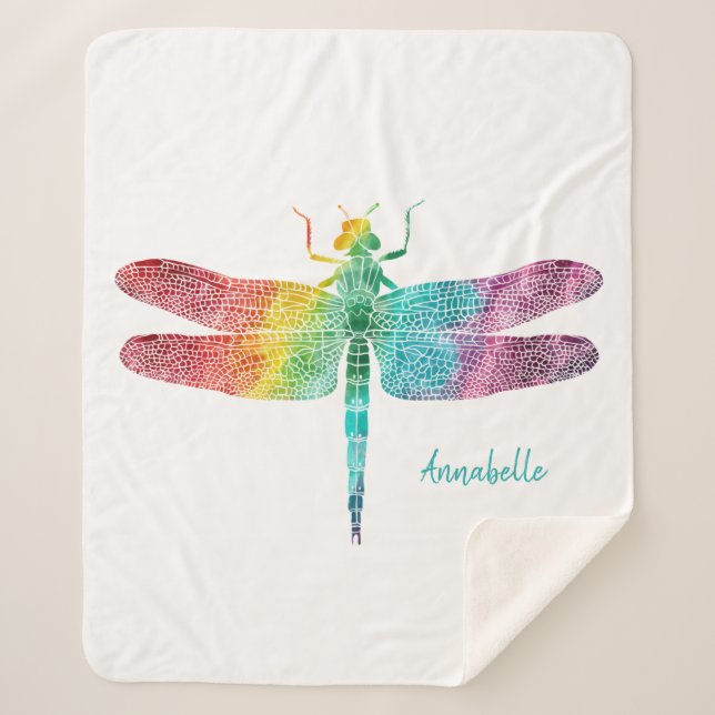 Gorgeous Rainbow Watercolor Dragonfly Personalised Sherpa Blanket (Front)