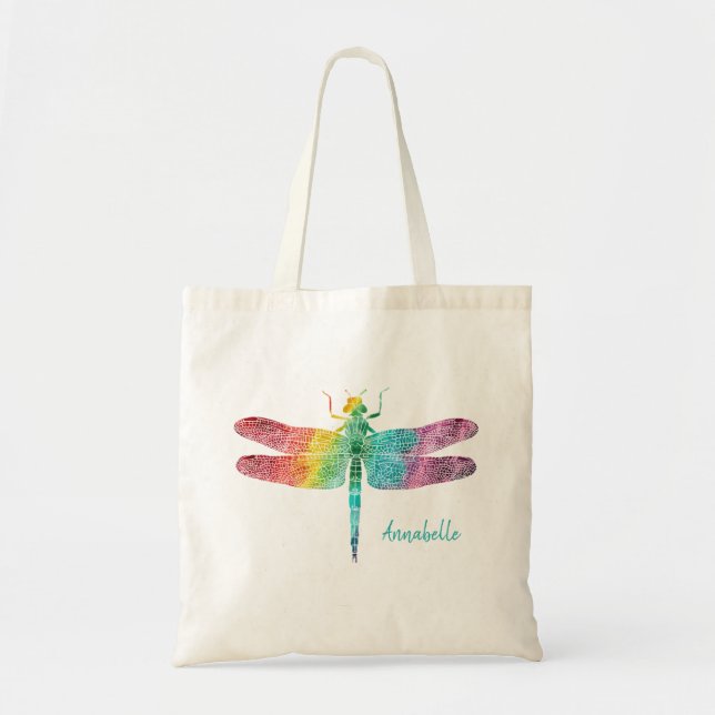 Gorgeous Rainbow Watercolor Dragonfly Silhouette Tote Bag (Front)