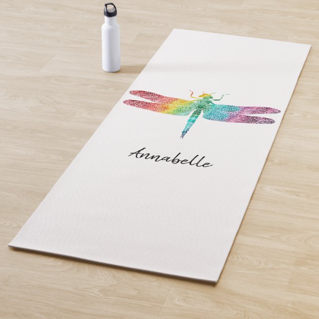 Gorgeous Rainbow Watercolor Dragonfly Silhouette Yoga Mat (In Situ)