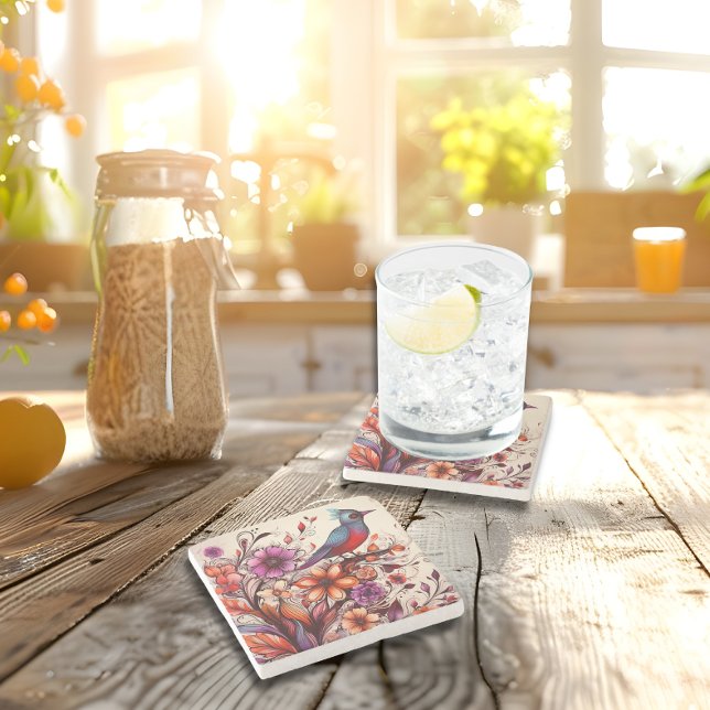 Gorgeous Red bird and floral Summer Stone Coaster (Gorgeous Red bird and floral Summer Stone Coaster)