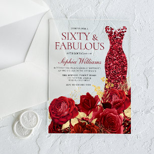 Gorgeous Red Dress Roses Gold Leaf 60th Birthday Acrylic Invitations