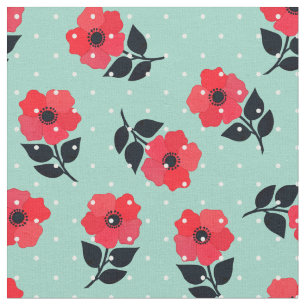 Gorgeous Red Flowers Polka Dots Pattern Fabric