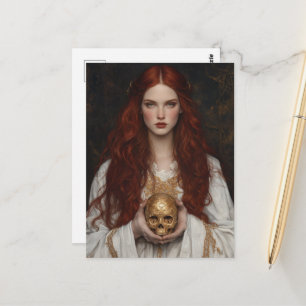 Gorgeous Red haired Goddess Lady With Golden Skull Postcard