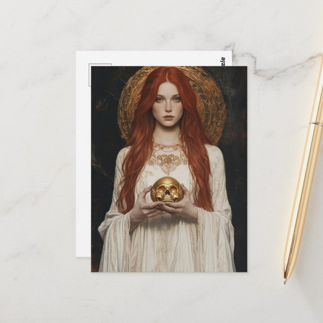 Gorgeous Red haired Woman With a Golden Skull Postcard (Front/Back In Situ)
