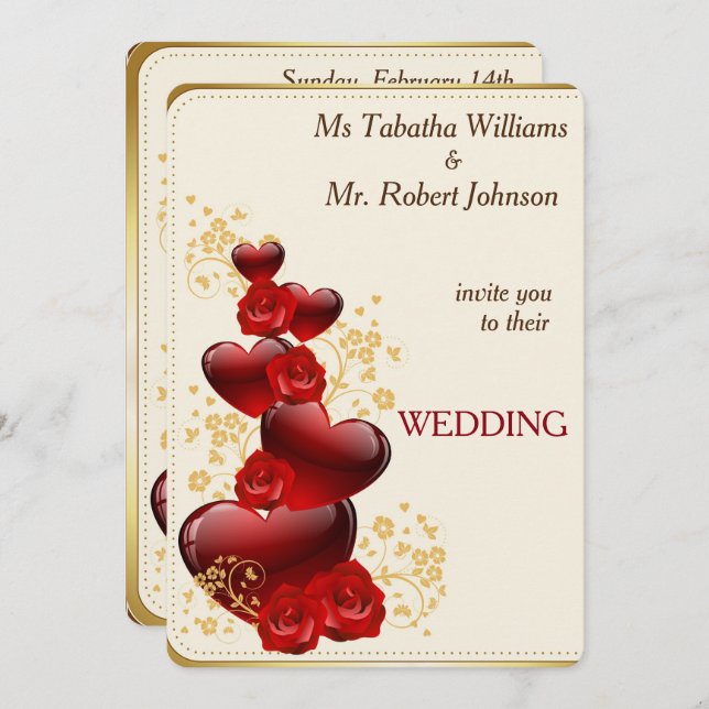 Gorgeous Red Hearts and Roses Wedding Invitation (Front/Back)