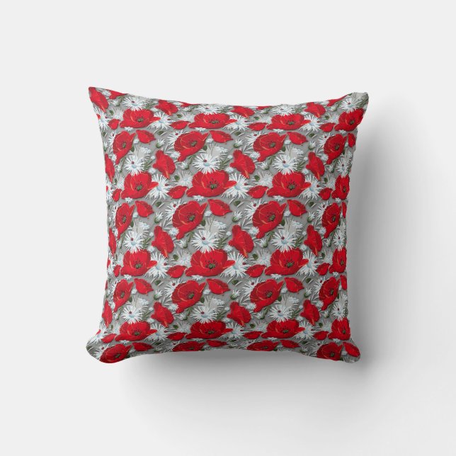 Gorgeous red poppies summer flowers pattern cushion (Front)