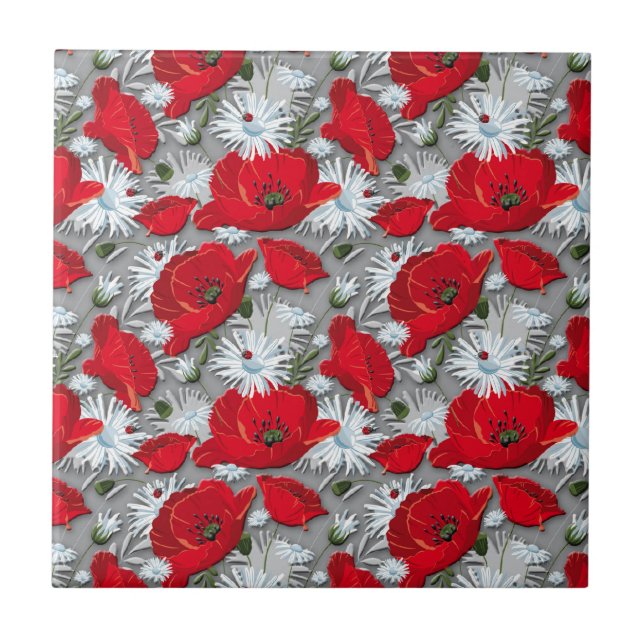 Gorgeous red poppies summer flowers pattern tile (Front)