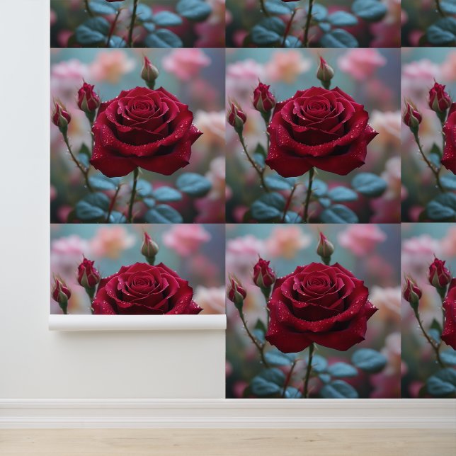 Gorgeous Red Rose Peel and Stick Flower Wallpaper (Application)