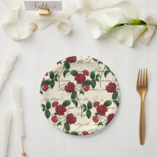 Gorgeous Red Roses and Classic Vintage Handwriting Paper Plate