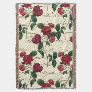 Gorgeous Red Roses and Classic Vintage Handwriting Throw Blanket