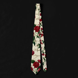Gorgeous Red Roses and Classic Vintage Handwriting Tie