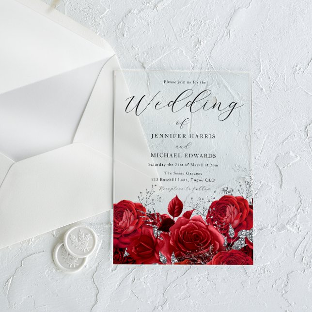 Gorgeous Red Roses & Silver Wedding Acrylic Invitations (Creator Uploaded)