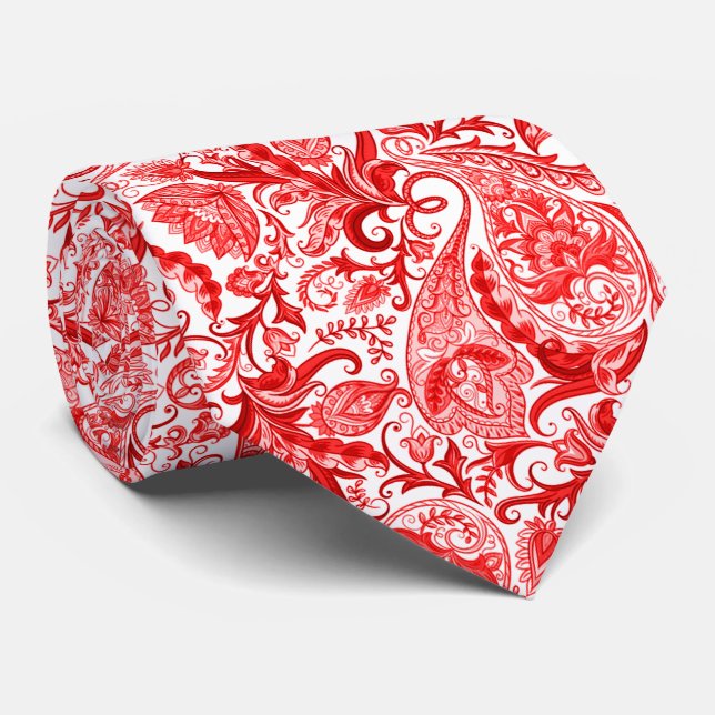 Gorgeous Red White Floral Paisley Pattern Tie (Rolled)