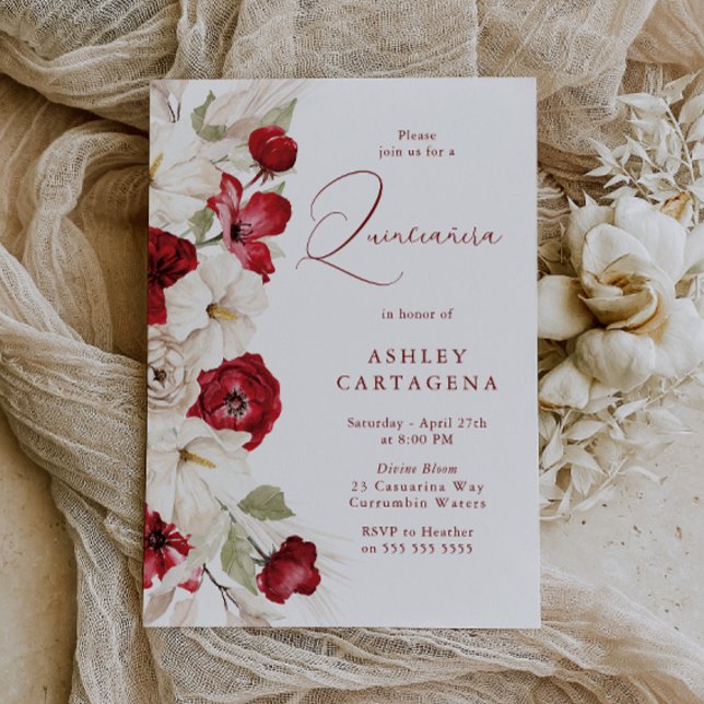 Gorgeous Red & White Floral Quinceanera Invitation (Creator Uploaded)