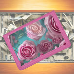 Gorgeous rose pattern in vintage look   trifold wallet<br><div class="desc">Do you also love roses? This romantic rose design was created from one of my photographs,  which I reworked with AI.  Timeless and modern! Pink roses on turquoise background. Great decoration for your home,  gift ideas,  for every day or special occasions!</div>