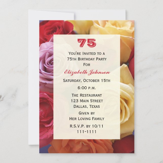 Gorgeous Roses 75th Birthday Party Invitation (Front)