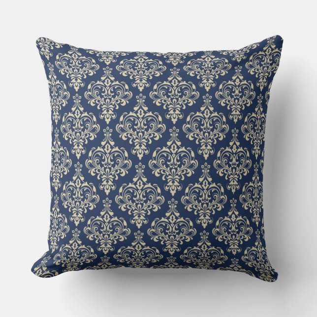 Gorgeous Royal Blue Classic Elegant Damask Pattern Outdoor Cushion (Front)