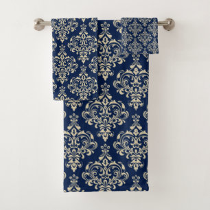 Gorgeous Royal Blue Elegant Damask Pattern Bath Towel Set