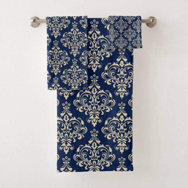 Gorgeous Royal Blue Elegant Damask Pattern Bath Towel Set (Insitu)