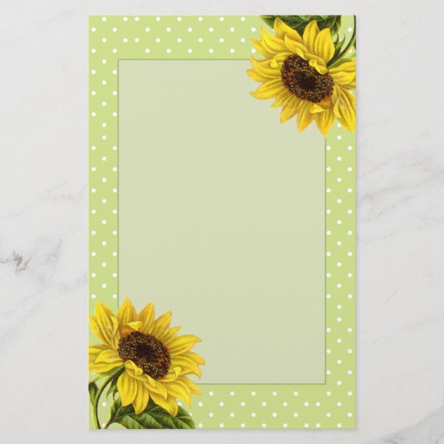 Gorgeous Rustic Sunflowers & Green Polka Dots Stationery (Front)