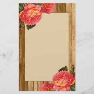 Gorgeous Rustic Wood & Vintage Apricot Pink Roses Stationery
